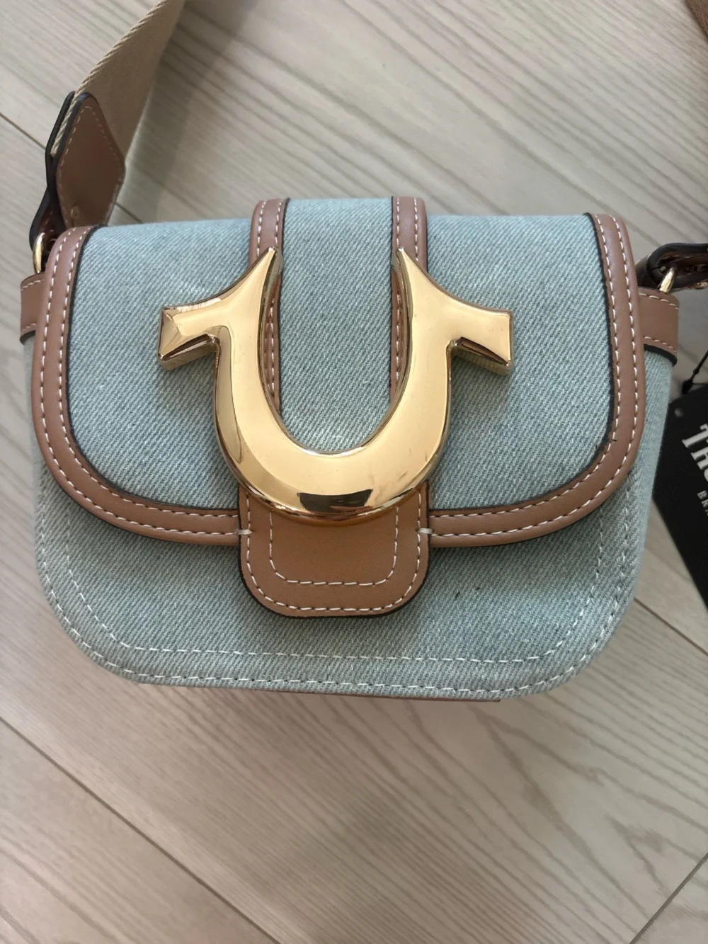 True Religion Denim Crossbody with Tan Trim and Gold Hardware